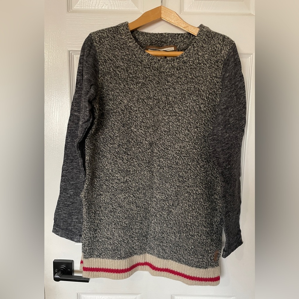 Gray Knit Sweater with Striped Hem